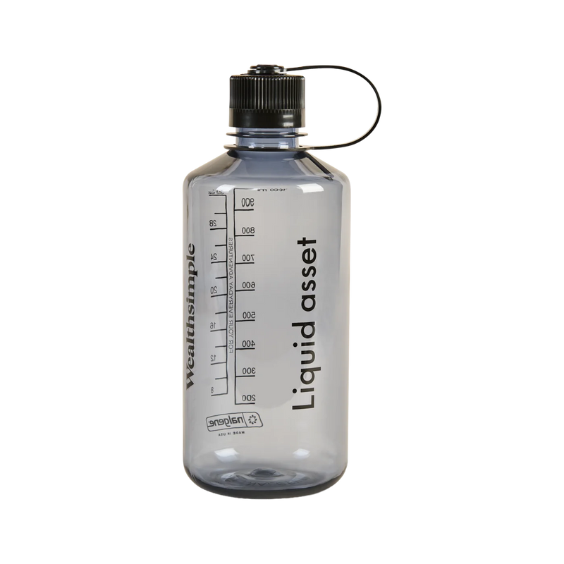 A grey Nalgene water bottle with the words “Liquid asset” printed on its side.