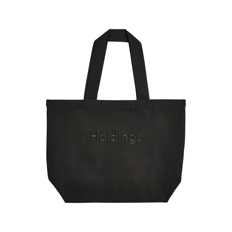 A tote bag with the word “Holdings.”