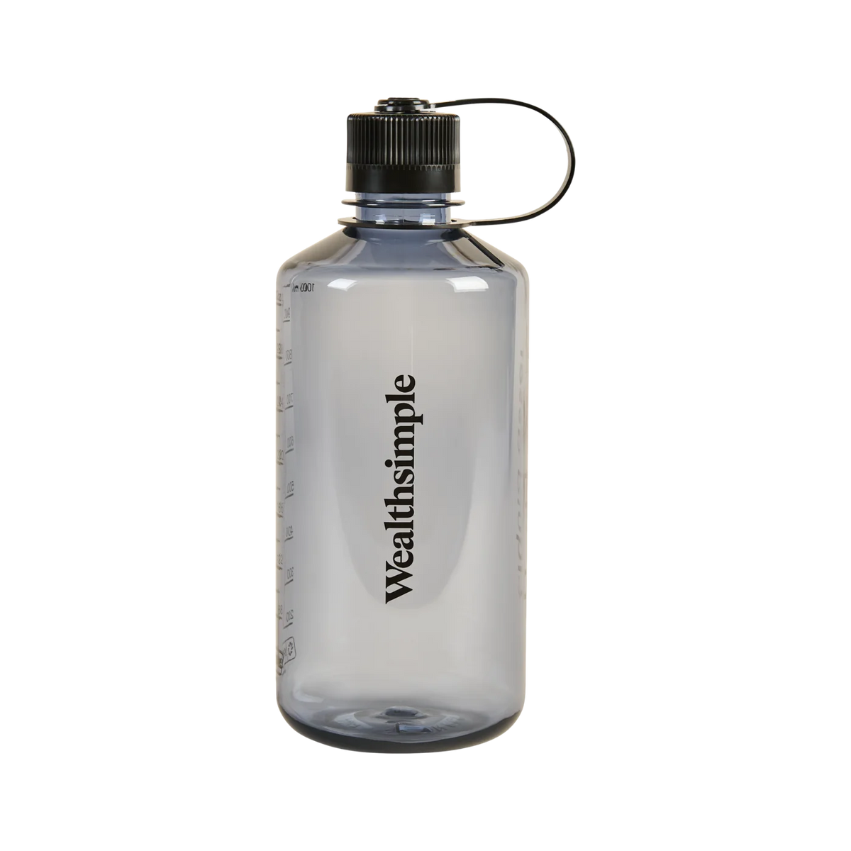 A grey Nalgene water bottle with the words “Liquid asset” printed on its side.