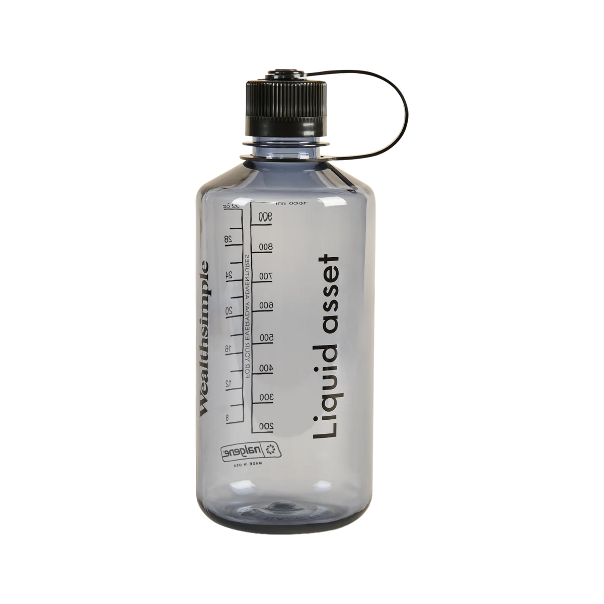 A grey Nalgene water bottle with the words “Liquid asset” printed on its side.