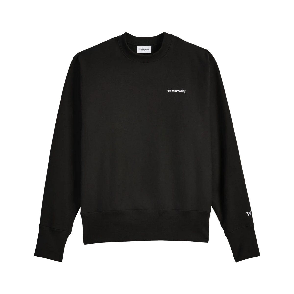 A black crewneck sweater with the words “Hot commodity” written on its chest.
