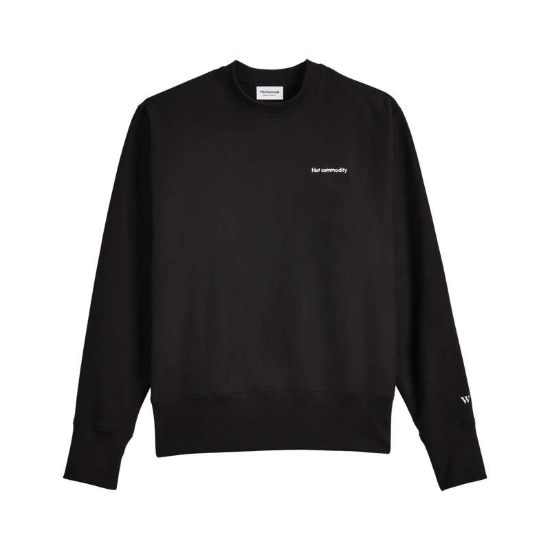 A black crewneck sweater with the words “Hot commodity” written on its chest.