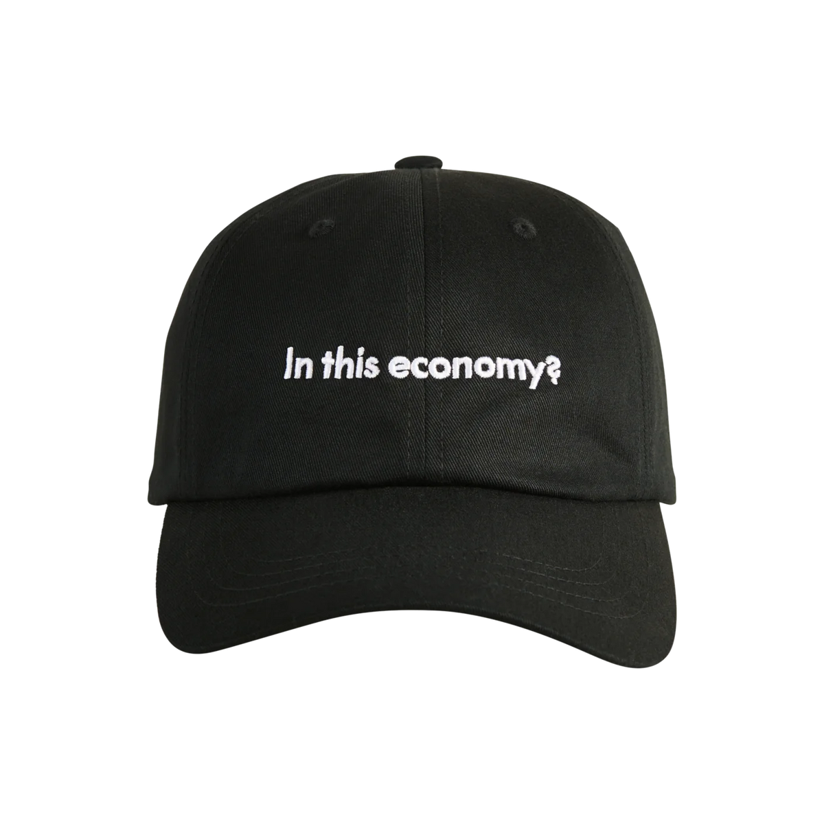 A black, curved-brim hat with the words “In this economy?” written on its crown.