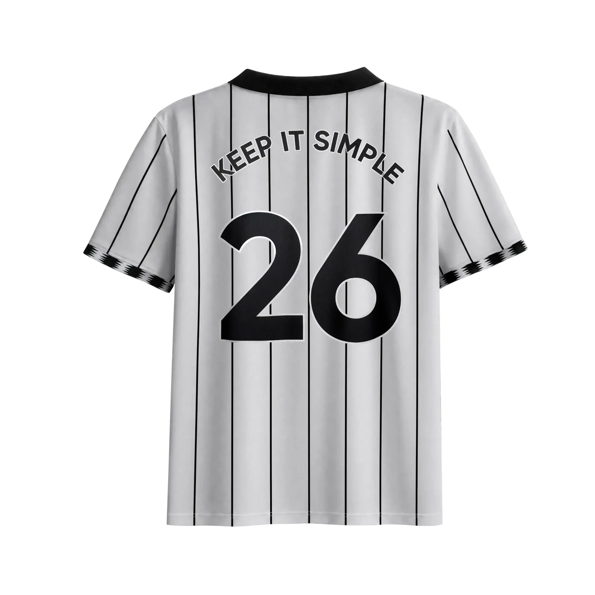 Un chandail de soccer à rayures grises, avec le logo Wealthsimple à l'avant et le slogan Keep it simple à l'arrière. Il porte le numéro 26.